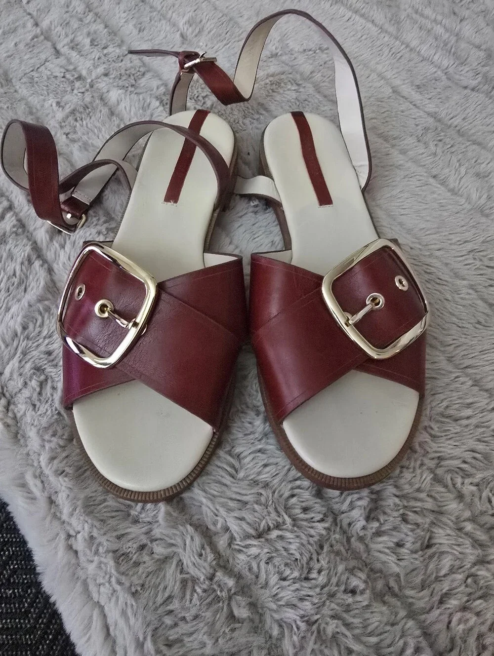 Women's Red Leather Buckle Slide Sandals Sz.38